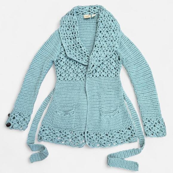 Kenji Handknit Aqua Blue Wool Blend Knitted Crochet Long Sleeve Cardigan Robe - Picture 5 of 7